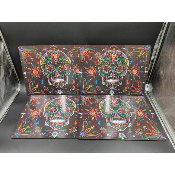 Sugar Skull Day of the Dead Cork Back Placemats Set of 4 Black Festive - Picture 3 of 8